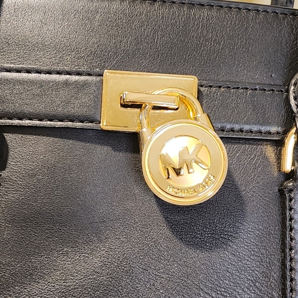 Michael Kors Hamilton Black Leather Satchel Bag  with Gold Hardware - Picture 2 of 15